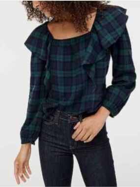 J Crew Flannel Squareneck Ruffle Top in Blackwatch Green Navy Black Plaid XL NWT